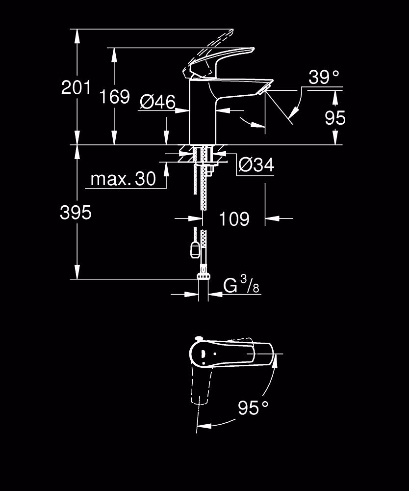 Grohe Eurosmart wastafelmengkraan S-Size met ketting chroom koude start