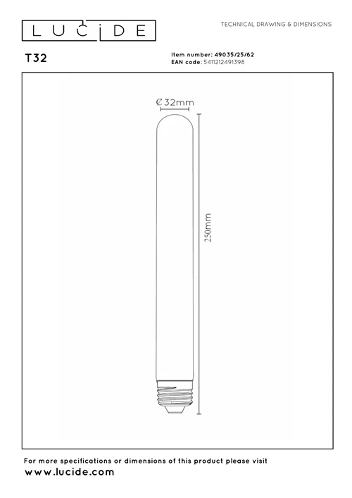 Lucide LED filament lamp Ø3,2x25cm E27 5W amber dimbaar