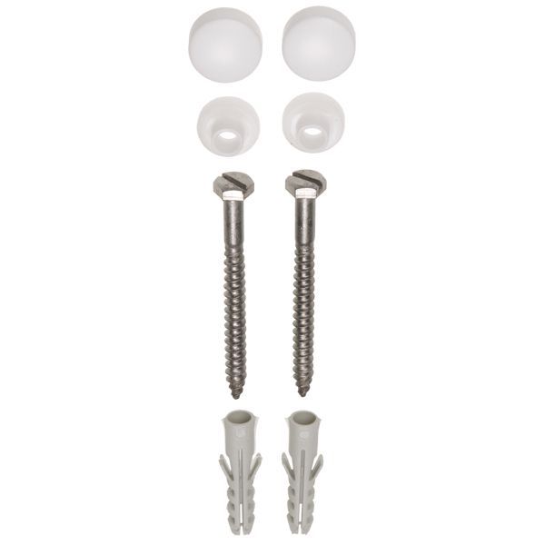 Fischer closet bevestigingsset met houtdraadbout DIN571 6x90 zaagsnede verzinkt, nylon roset en witte afdekkap
