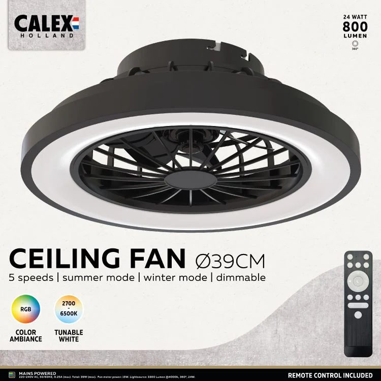 Calex plafondventilator Ø39cm met LED RGB zwart