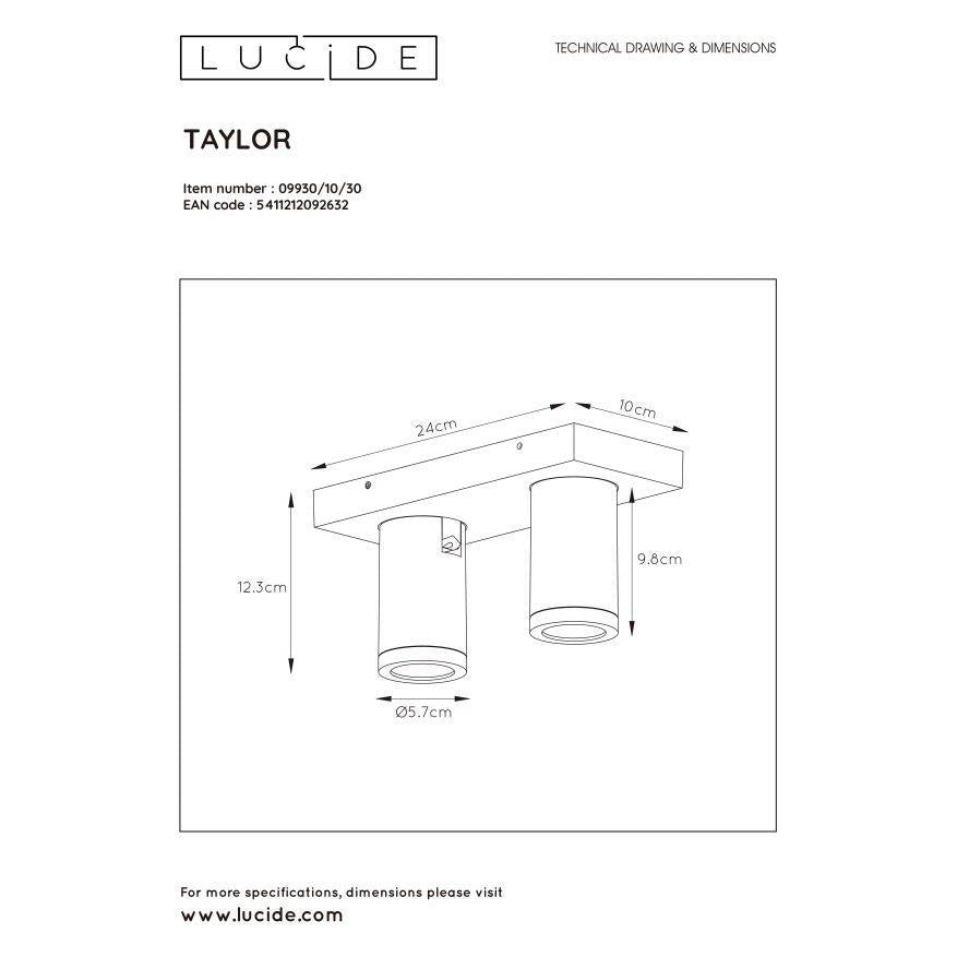 Lucide Taylor plafondspot badkamer LED Dim to warm GU10 2x5W zwart