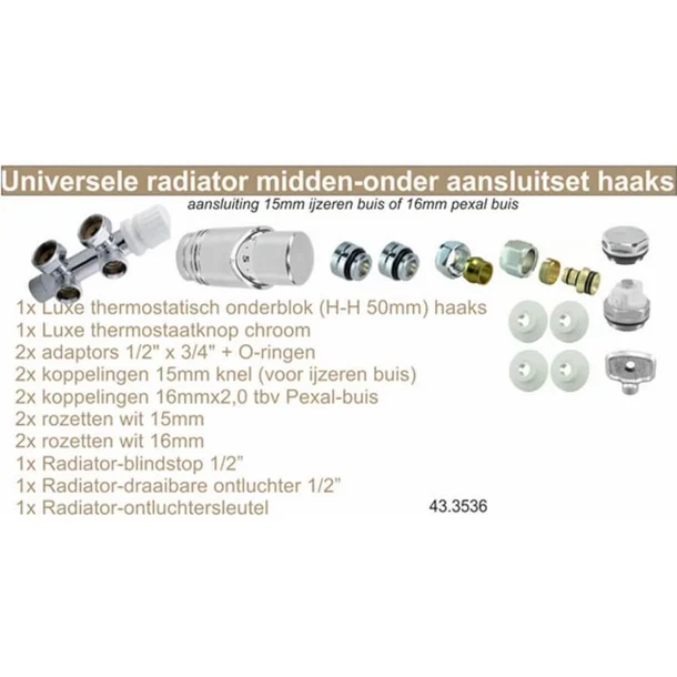 Riko onderblok radiatoraansluitset haaks links 16x2 + 15 knel chroom