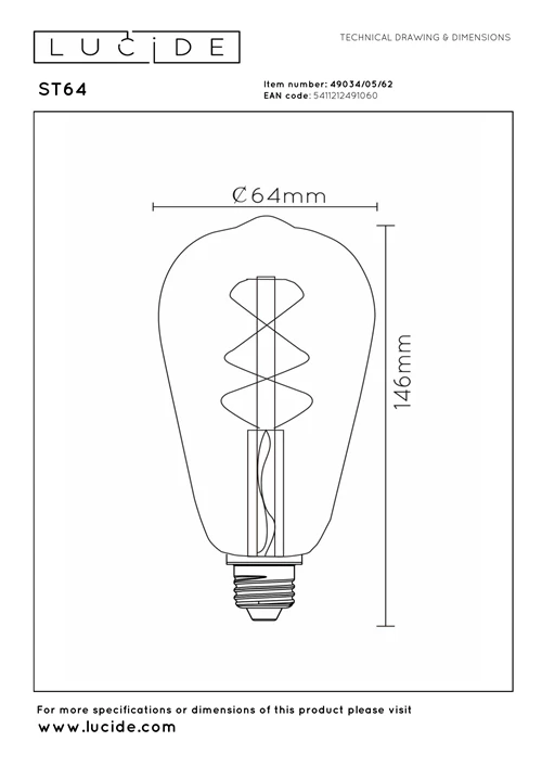 Lucide LED filament lamp Ø6,4cm E27 5W amber dimbaar