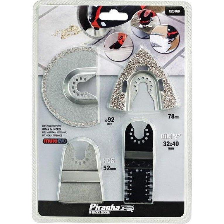 Piranha Set 4 zaagbladen: Invalzaagblad BiM 32x40 mm. Schuurrasp HM 73x75 mm. Segmentzaagblad HM 92x2 mm. Schaafijzer HCS Stug 52x26 mm.